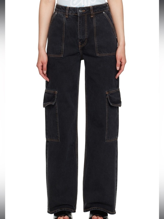 Ganni Denim - GANNI Washed Black Cargo Jeans Wide Leg Organic Cotton Womens Size 24